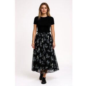 Free People Lydia Floral Chiffon Maxi Skirt Women Size Large Black White Viscose